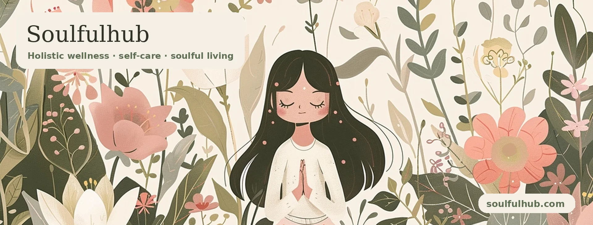 Soulfulhub banner: a woman meditating among soft flowers