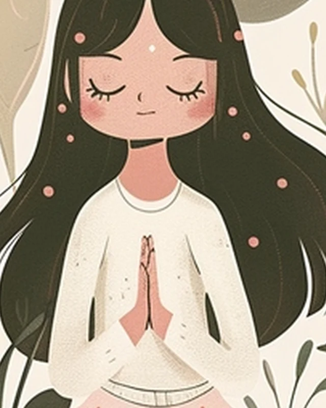 A woman meditating with hands in prayer among soft flowers